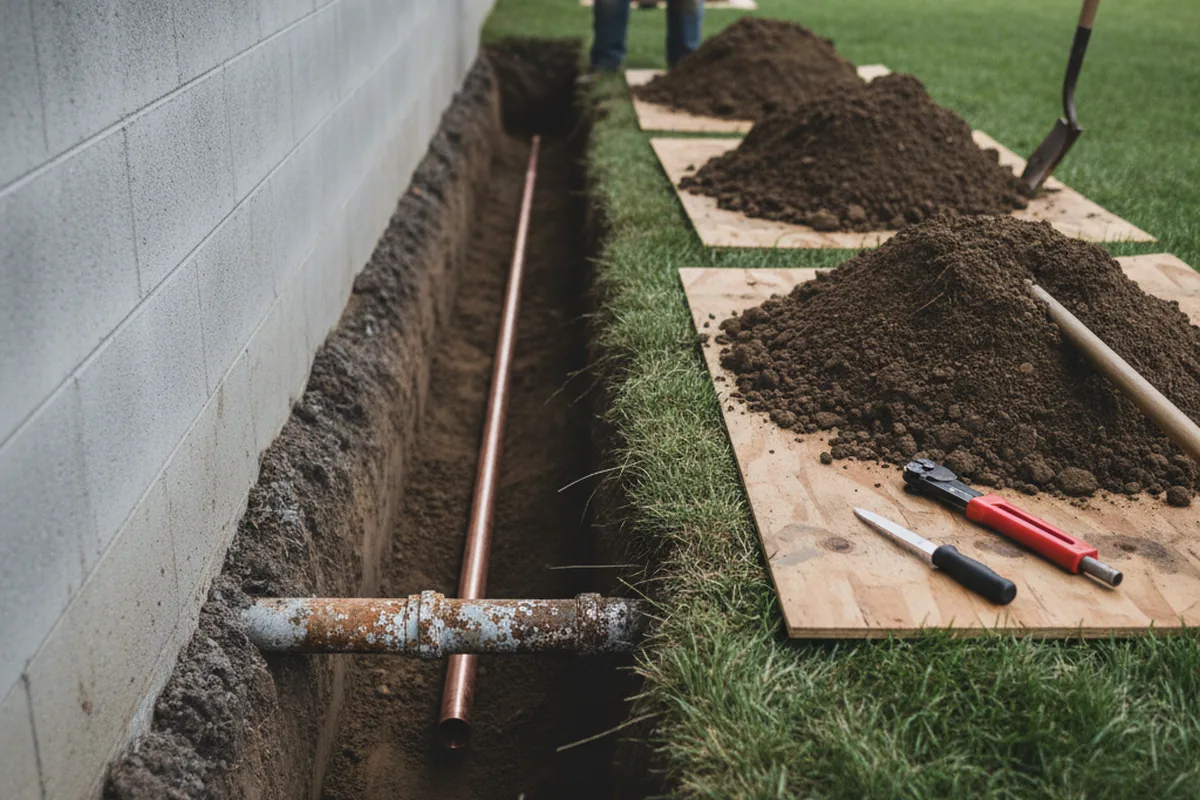 Excavated water line trench during Water Heater Repair in Round Lake